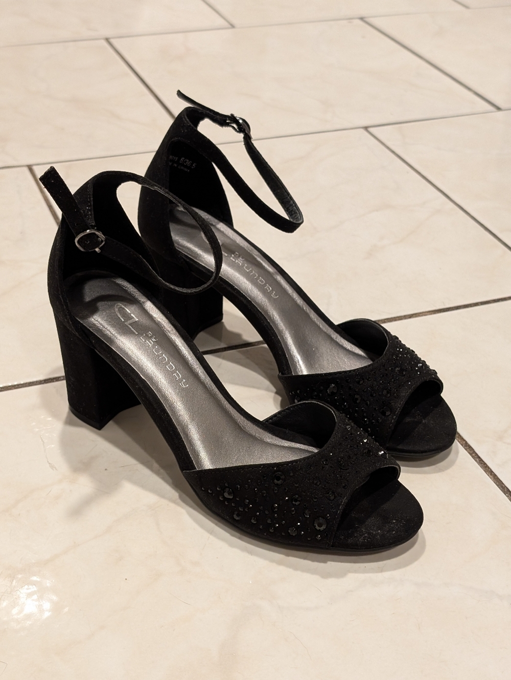 Chinese Laundry Joella Ankle Strap Block Heel Black Suede Embellished Sandals